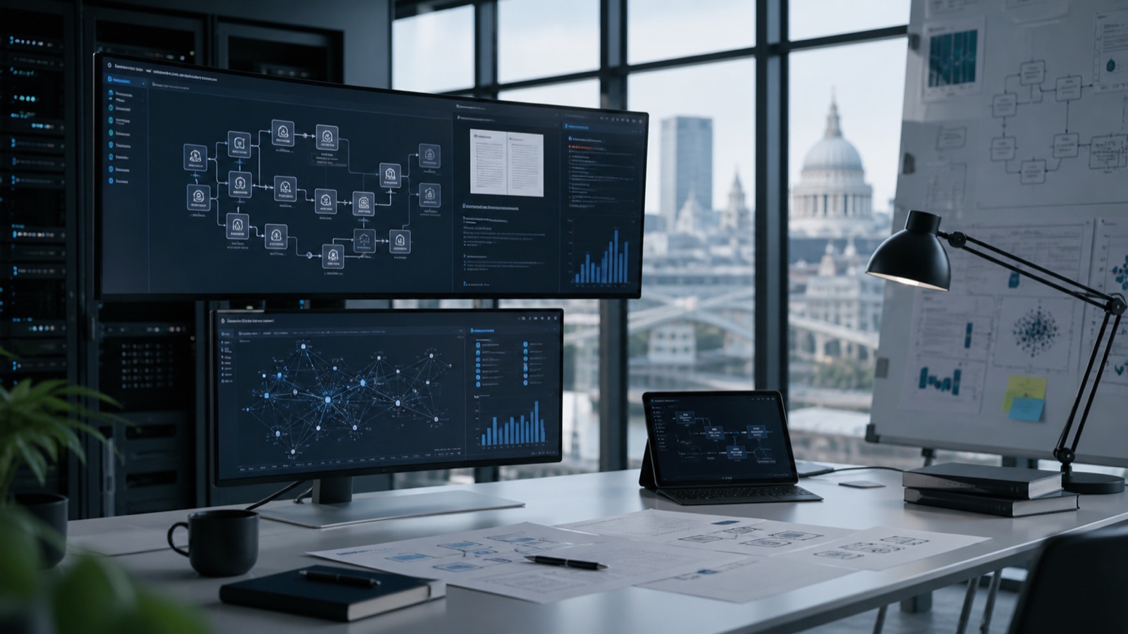 AI automation and applied research workspace with workflow displays.