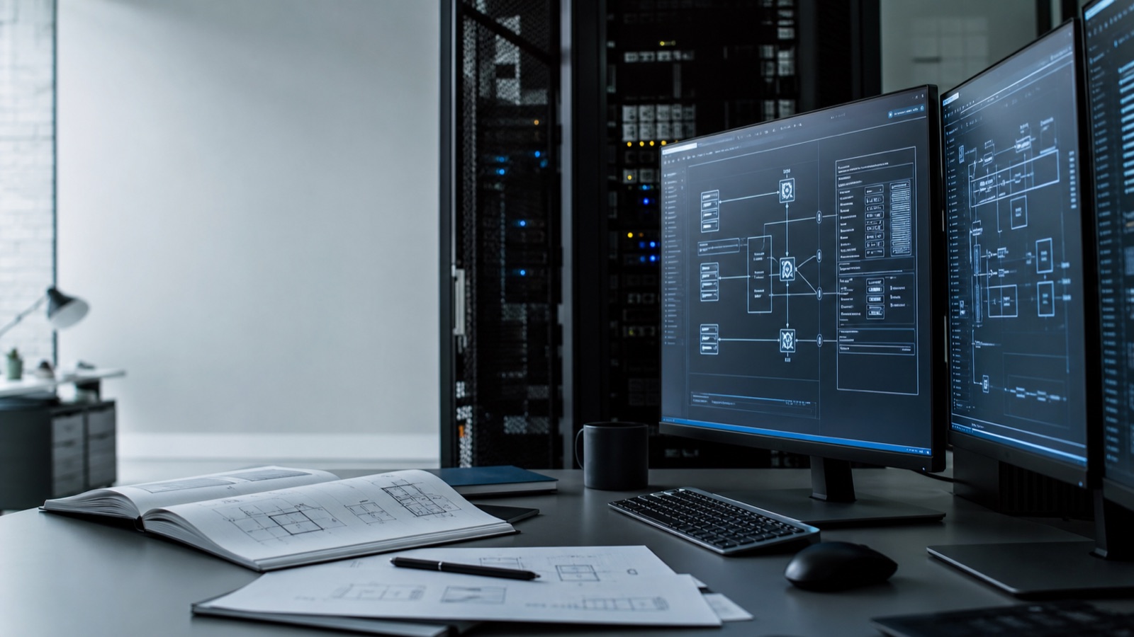 Security-first system architecture workspace with monitors and infrastructure.